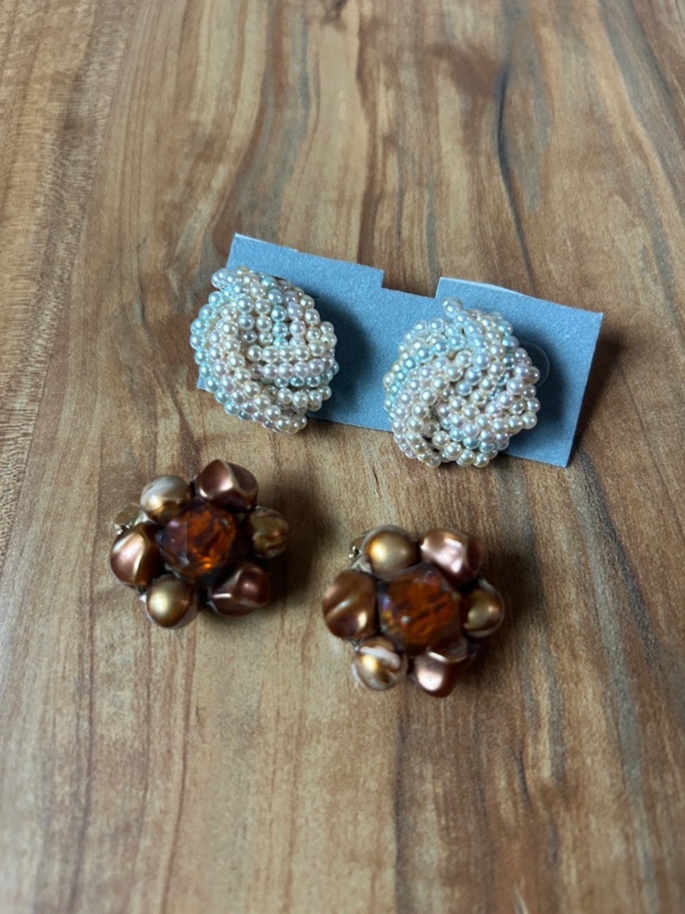Vintage Clip-On Earring Duo Set Faux Pearl Cluster Amber Bead Statement Earrings
